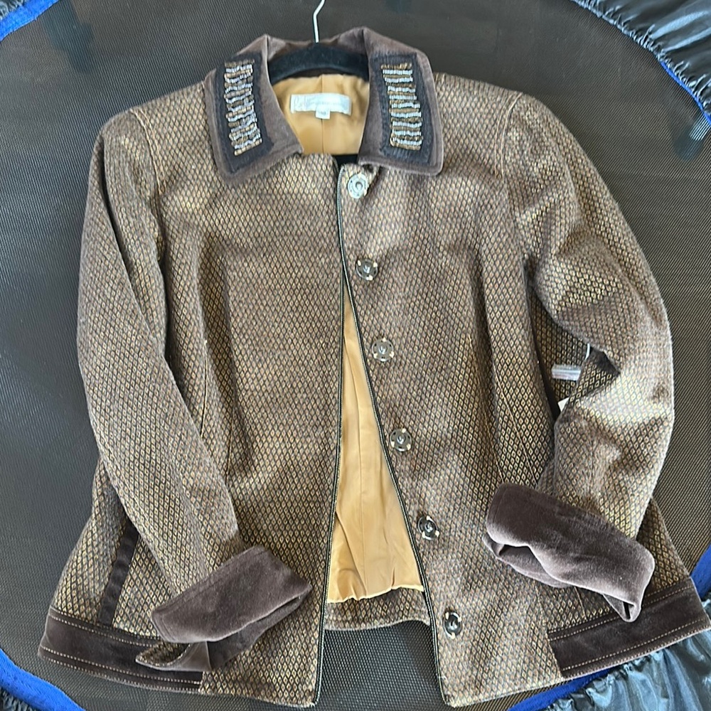 Brown Textured Jacket with Velvet Accents